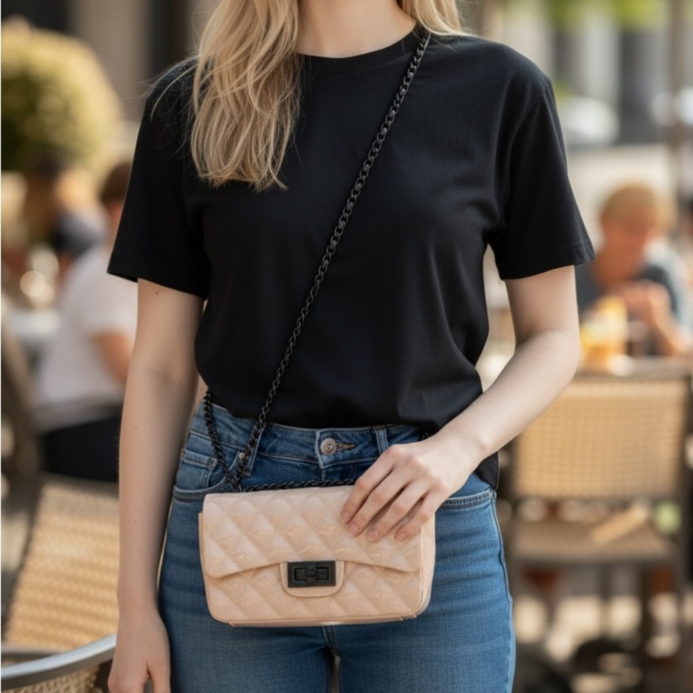 Sugared + Bronzed Unique & Trendy Nude Jelly Bag w/ Black Chain Strap